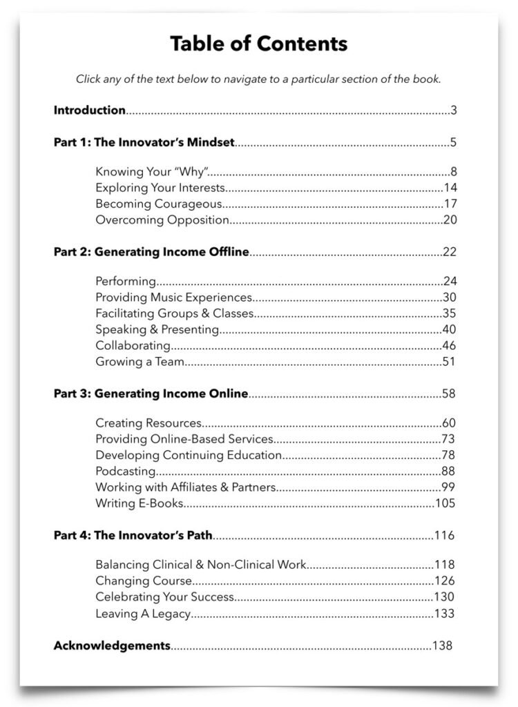 Table of Contents | Innovative Income for Music Therapists